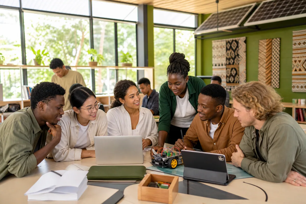 Community members collaborating in a technology classroom